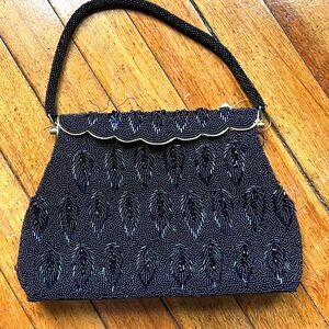 Beaded Hand Bag Women's Navy Feather Vintage Gold 50s Flapper